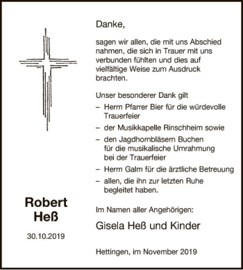 Traueranzeige von Robert Heß von Fränkische Nachrichten