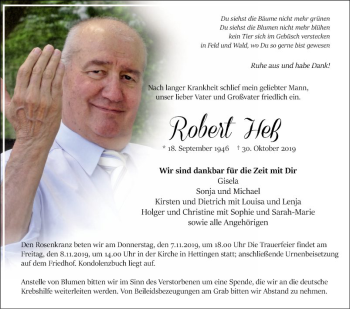 Traueranzeige von Robert Heß von Fränkische Nachrichten