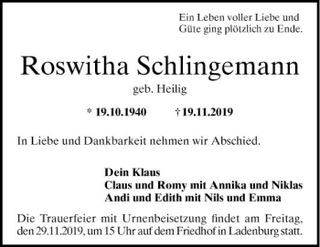 Traueranzeige von Roswitha Schlingemann von Mannheimer Morgen