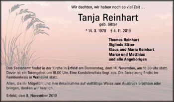 Traueranzeige von Tanja Reinhart von Fränkische Nachrichten