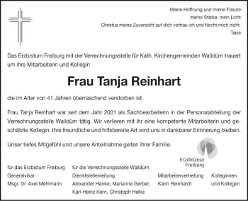 Traueranzeige von Tanja Reinhart von Fränkische Nachrichten