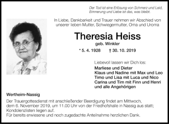 Traueranzeige von Theresia Heiss von Fränkische Nachrichten