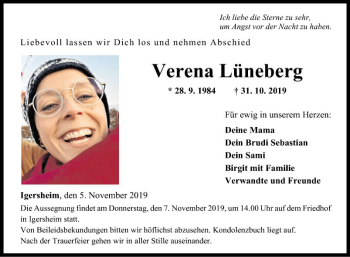 Traueranzeige von Verena Lüneberg von Fränkische Nachrichten