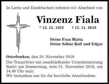 Traueranzeige von Vinzenz Fiala von Fränkische Nachrichten