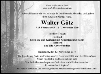 Traueranzeige von Walter Götz von Fränkische Nachrichten