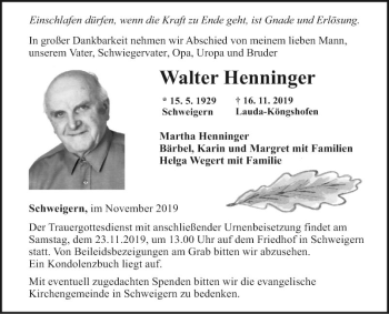 Traueranzeige von Walter Henninger von Fränkische Nachrichten