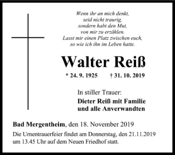 Traueranzeige von Walter Reiß von Fränkische Nachrichten