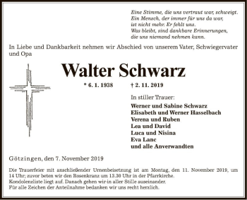 Traueranzeige von Walter Schwarz von Fränkische Nachrichten