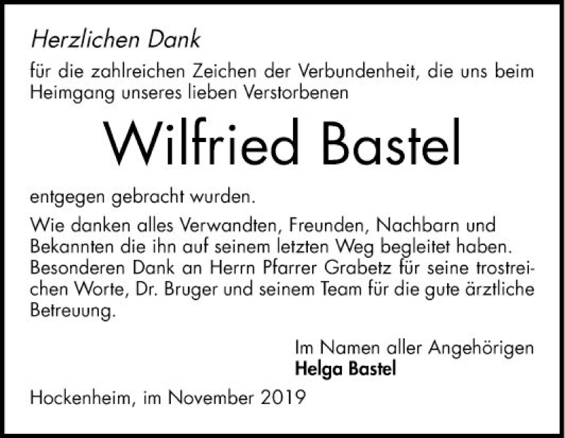  Traueranzeige für Wilfried Bastel vom 08.11.2019 aus Schwetzinger Zeitung