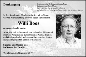 Traueranzeige von Willi Boos von Fränkische Nachrichten