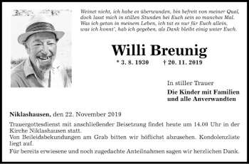 Traueranzeige von Willi Breunig von Fränkische Nachrichten