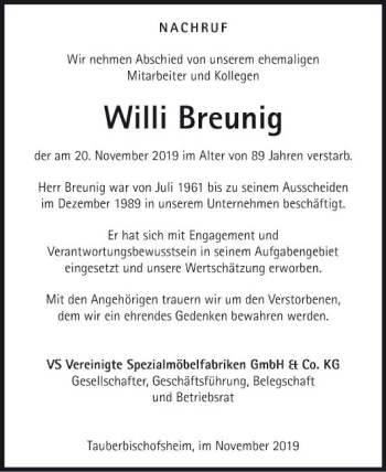 Traueranzeige von Willi Breunig von Fränkische Nachrichten