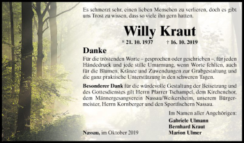 Traueranzeige von Willy Kraut von Fränkische Nachrichten