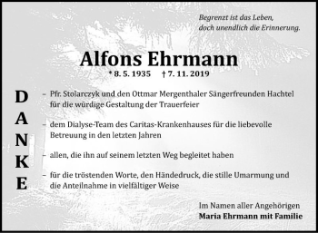 Traueranzeige von Alfons Ehrmann von Fränkische Nachrichten