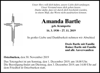 Traueranzeige von Amanda Bartle von Fränkische Nachrichten