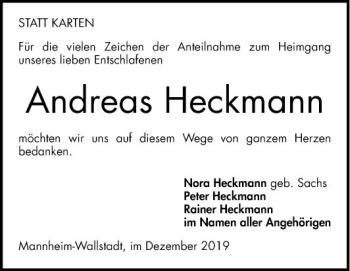 Traueranzeige von Andreas Heckmann von Mannheimer Morgen