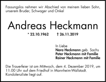 Traueranzeige von Andreas Heckmann von Mannheimer Morgen