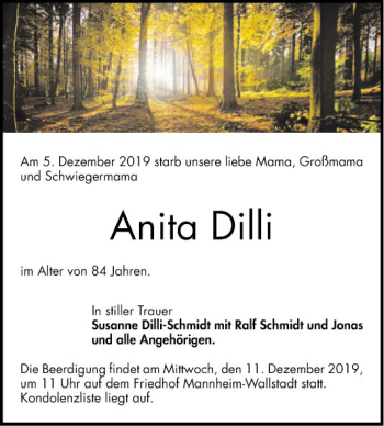 Traueranzeige von Anita Dilli von Mannheimer Morgen