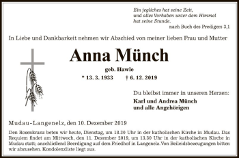 Traueranzeige von Anna Münch von Fränkische Nachrichten