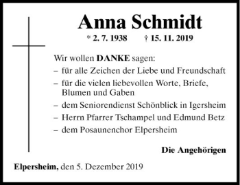 Traueranzeige von Anna Schmidt von Fränkische Nachrichten