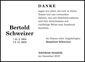 Traueranzeige von Bertold Schweizer von Fränkische Nachrichten