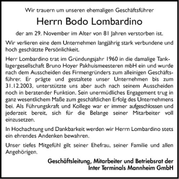 Traueranzeige von Bodo Lombardino von Mannheimer Morgen