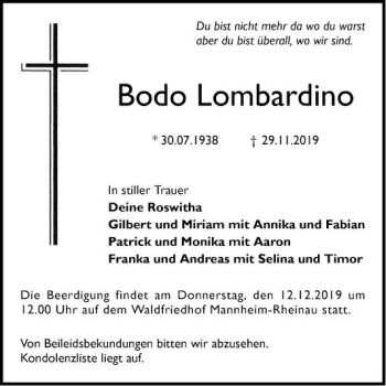 Traueranzeige von Bodo Lombardino von Mannheimer Morgen