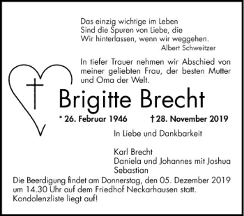 Traueranzeige von Brigitte Brecht von Mannheimer Morgen