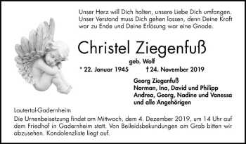 Traueranzeige von Christel Ziegenfuß von Bergsträßer Anzeiger