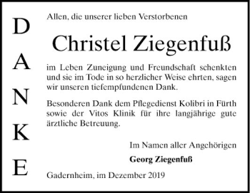 Traueranzeige von Christel Ziegenfuß von Bergsträßer Anzeiger