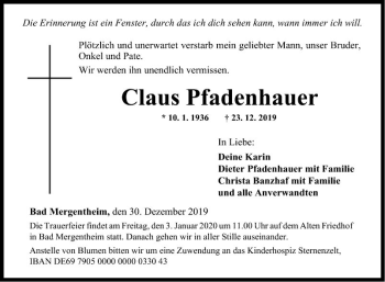 Traueranzeige von Claus Pfadenhauer von Fränkische Nachrichten