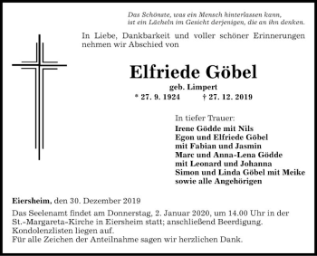 Traueranzeige von Elfriede Göbel von Fränkische Nachrichten