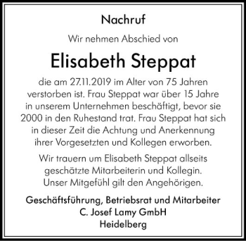 Traueranzeige von Elisabeth Steppat von Mannheimer Morgen