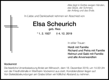 Traueranzeige von Elsa Scheurich von Fränkische Nachrichten