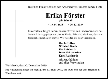 Traueranzeige von Erika Förster von Fränkische Nachrichten