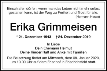 Traueranzeige von Erika Grimmeisen von Mannheimer Morgen