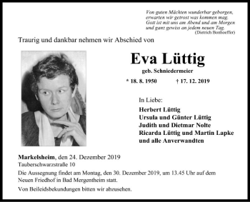 Traueranzeige von Eva Lüttig von Fränkische Nachrichten