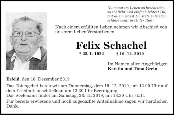 Traueranzeige von Felix Schachel von Fränkische Nachrichten