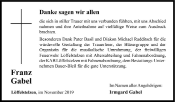 Traueranzeige von Franz Gabel von Fränkische Nachrichten