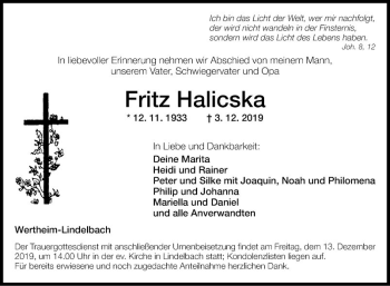 Traueranzeige von Fritz Halicska von Fränkische Nachrichten