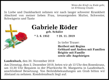 Traueranzeige von Gabriele Röder von Fränkische Nachrichten