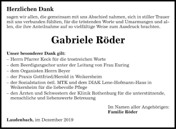 Traueranzeige von Gabriele Röder von Fränkische Nachrichten