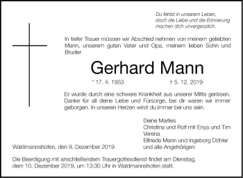 Traueranzeige von Gerhard Mann von Fränkische Nachrichten