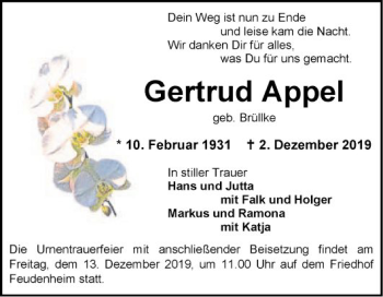 Traueranzeige von Gertrud Appel von Mannheimer Morgen