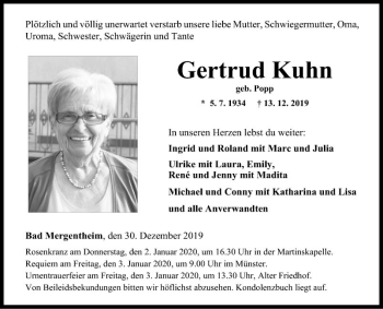 Traueranzeige von Gertrud Kuhn von Fränkische Nachrichten