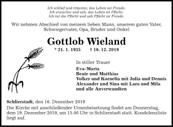 Traueranzeige von Gottlieb Wieland von Fränkische Nachrichten