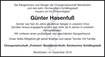 Traueranzeige von Günter Hasenfuß von Fränkische Nachrichten