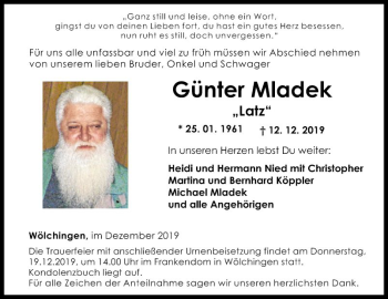 Traueranzeige von Günter Mladek von Fränkische Nachrichten