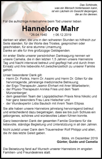 Traueranzeige von Hannelore Mahr von Südhessen Morgen