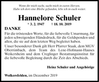 Traueranzeige von Hannelore Schuler von Fränkische Nachrichten